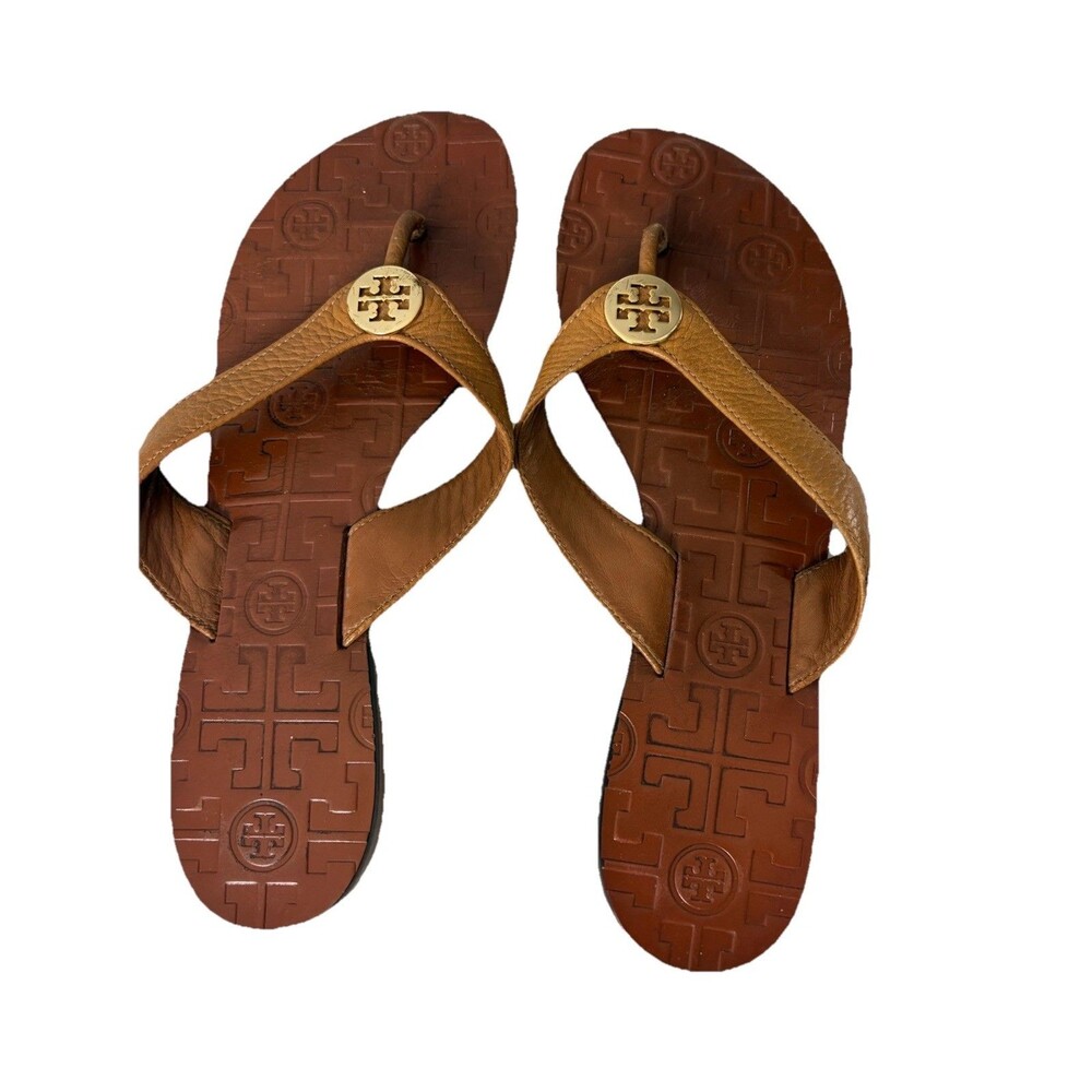 Tory Burch Thora Thong Sandal Flip Flops Leather Gold Tone Medallion Logo Size 8